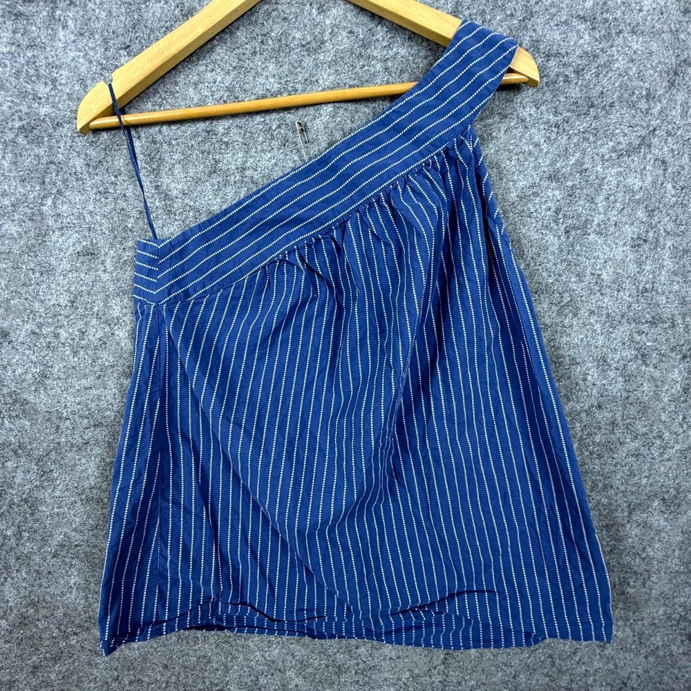 Parker One Shoulder Top Womens Medium Blue White Dot Striped Cotton Pleated